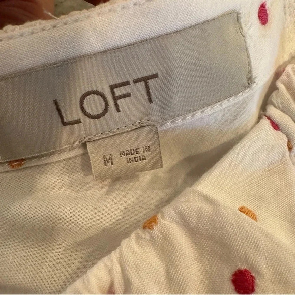 Loft Dot Embroidered Pink & White Puff Sleeve Mini Tiered Swing Dress Size Med - Picture 5 of 9